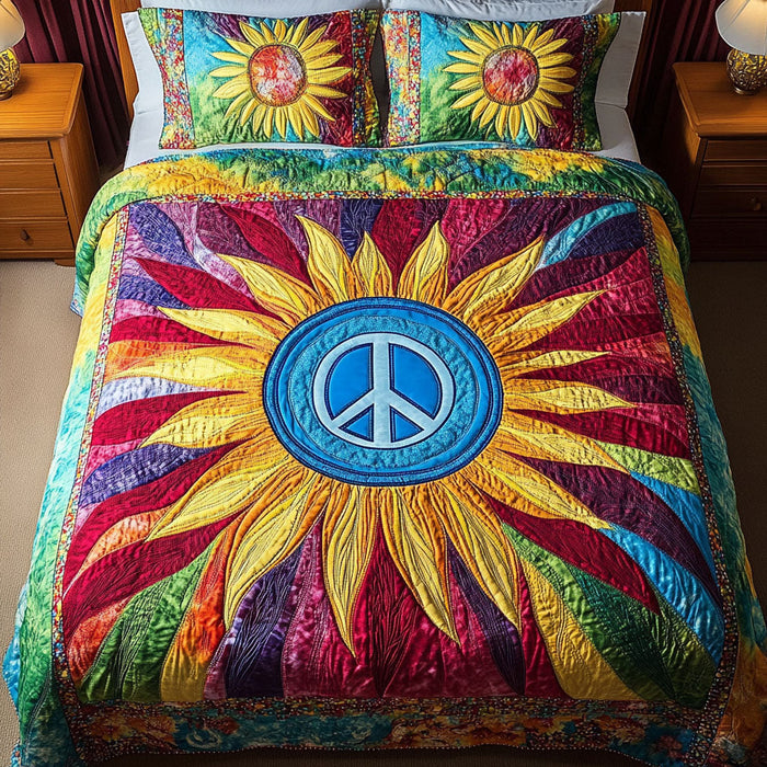 Vibrant Sunburst Hippie quilted 3-piece bedding set on a made bed with two matching pillow shams