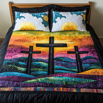 Vibrant Sunrise Crosses 3-Piece Quilted Bedding Set