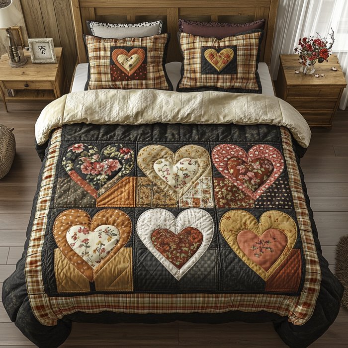Vintage Vibes Love quilted 3-piece bedding set on a made bed with two matching pillow shams