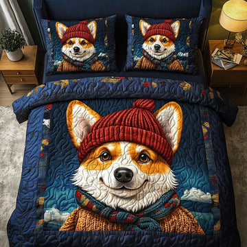 Winter Corgi Snuggles 3-Piece Quilted Bedding Set