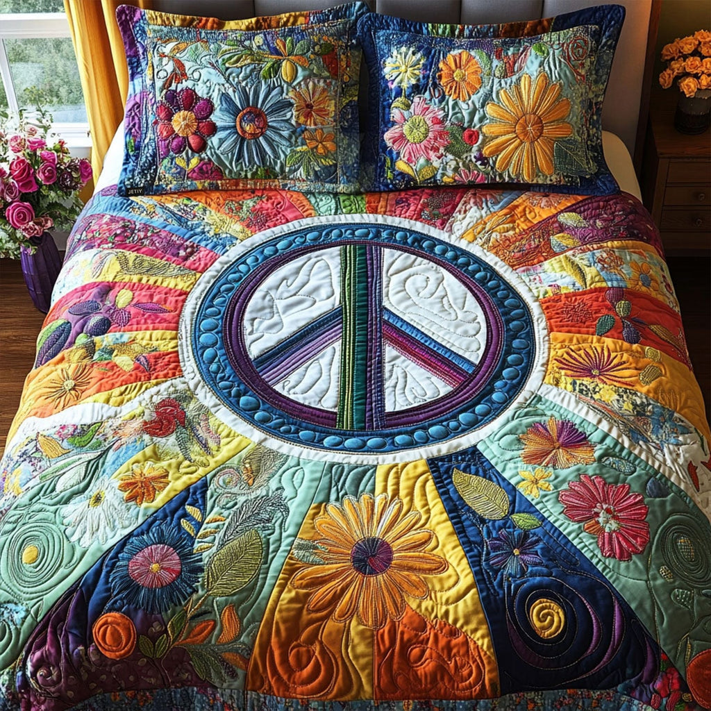 70s Vibe quilted 3-piece bedding set on a made bed with two matching pillow shams