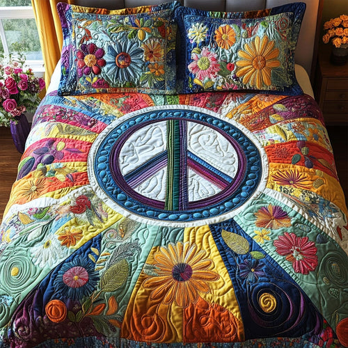 70s Vibe quilted 3-piece bedding set on a made bed with two matching pillow shams