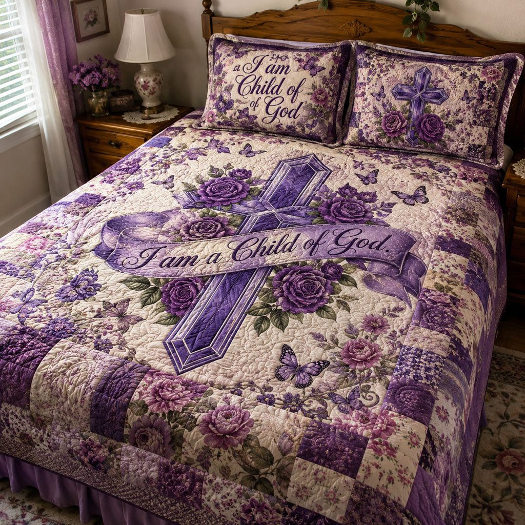 A Child Of God quilted 3-piece bedding set on a made bed with two matching pillow shams