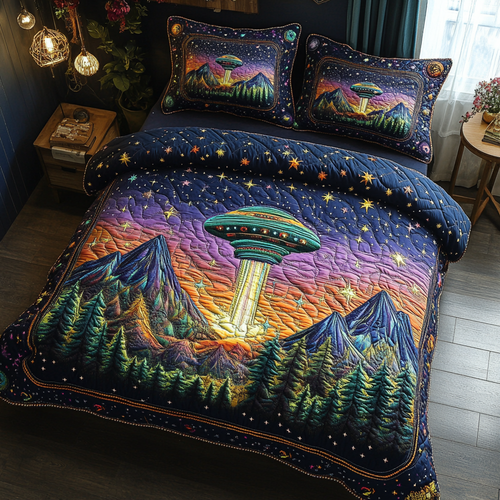 Abduction Aesthetic quilted 3-piece bedding set on a made bed with two matching pillow shams