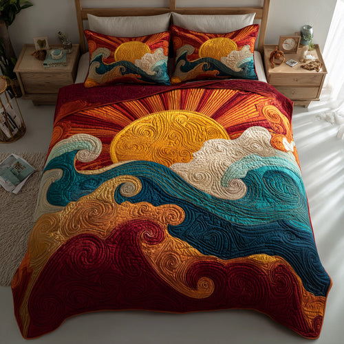Abstract Sun Waves quilted 3-piece bedding set on a made bed with two matching pillow shams