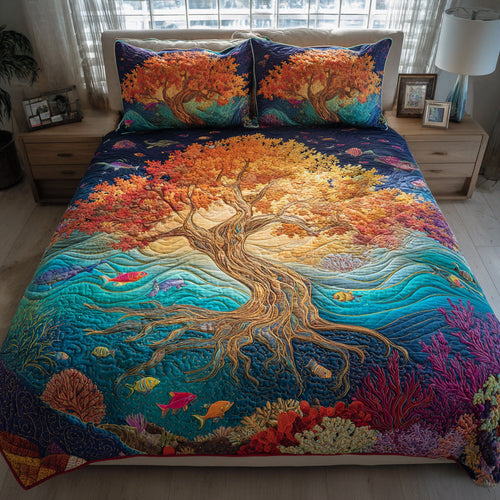 Abyss Tree Of Life quilted 3-piece bedding set on a made bed with two matching pillow shams