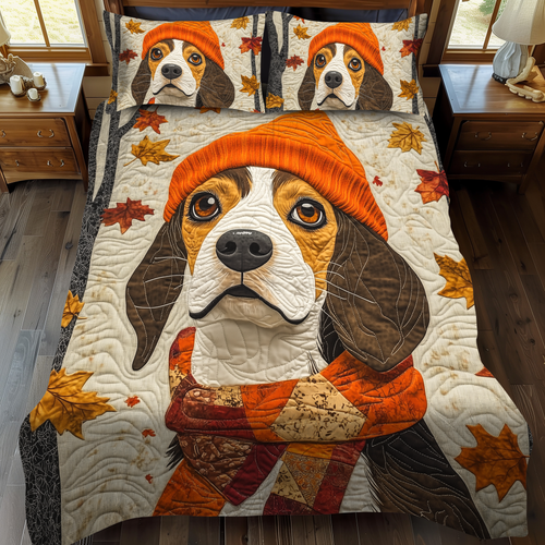 Adorable Beagle Animal quilted 3-piece bedding set on a made bed with two matching pillow shams