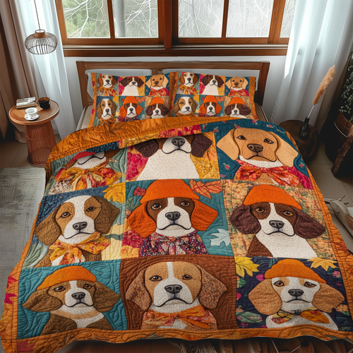 Adorable Beagle Bedspread quilted 3-piece bedding set on a made bed with two matching pillow shams