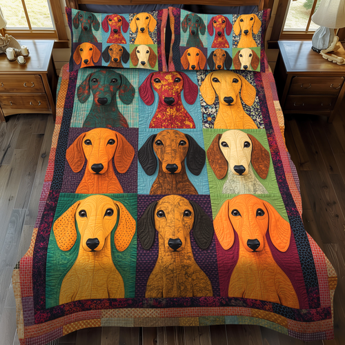 Adorable Dachshund quilted 3-piece bedding set on a made bed with two matching pillow shams