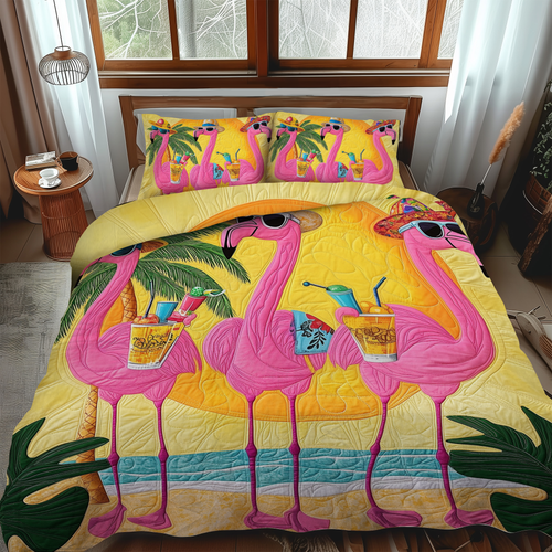 Adorable Flamingo quilted 3-piece bedding set on a made bed with two matching pillow shams
