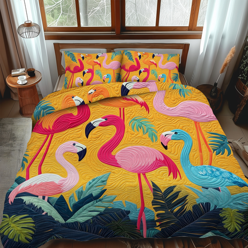 Adorable Flamingo Animal quilted 3-piece bedding set on a made bed with two matching pillow shams