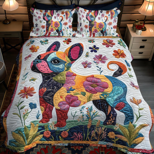 Adorable French Bulldog quilted 3-piece bedding set on a made bed with two matching pillow shams