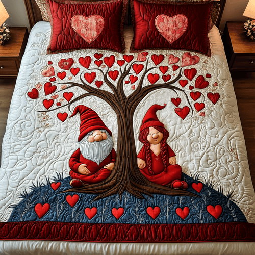 Adorable Gnome Love quilted 3-piece bedding set on a made bed with two matching pillow shams