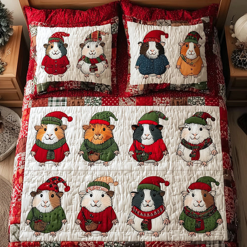 Adorable Guinea Pig quilted 3-piece bedding set on a made bed with two matching pillow shams