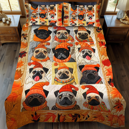 Adorable Pug Animal quilted 3-piece bedding set on a made bed with two matching pillow shams