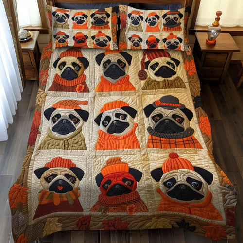 Adorable Pugs Animal quilted 3-piece bedding set on a made bed with two matching pillow shams