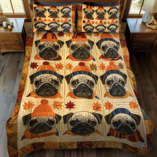 Adorable Pugs Bedspread quilted 3-piece bedding set on a made bed with two matching pillow shams