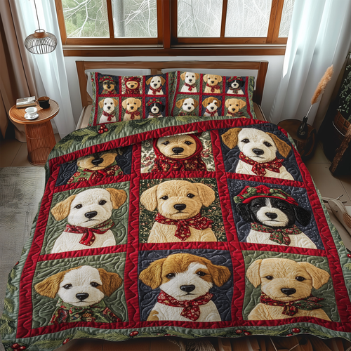 Adorable Puppy Snowflakes quilted 3-piece bedding set on a made bed with two matching pillow shams
