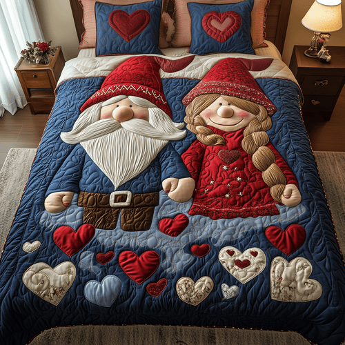 Adoring Gnome Pair quilted 3-piece bedding set on a made bed with two matching pillow shams
