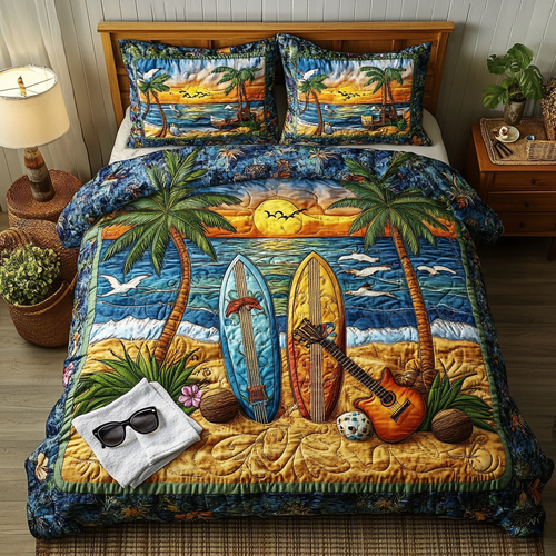 Adventure Surfboard quilted 3-piece bedding set on a made bed with two matching pillow shams