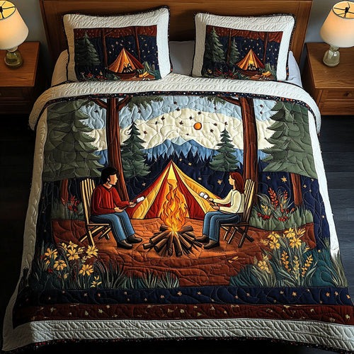 Adventure Together quilted 3-piece bedding set on a made bed with two matching pillow shams