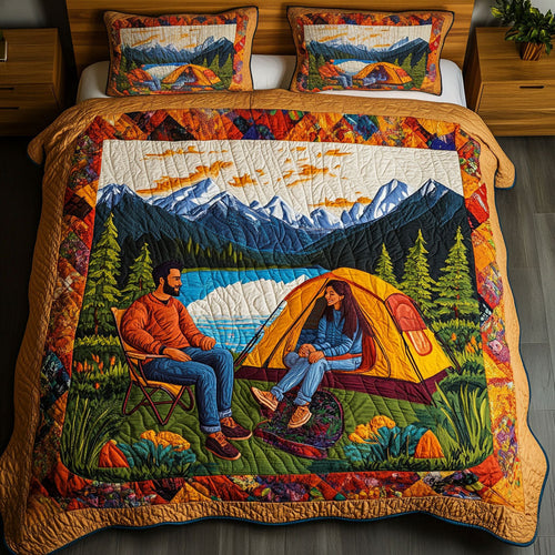 Adventurous Hearts quilted 3-piece bedding set on a made bed with two matching pillow shams