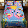 Affectionate Flamingo Animal quilted 3-piece bedding set on a made bed with two matching pillow shams
