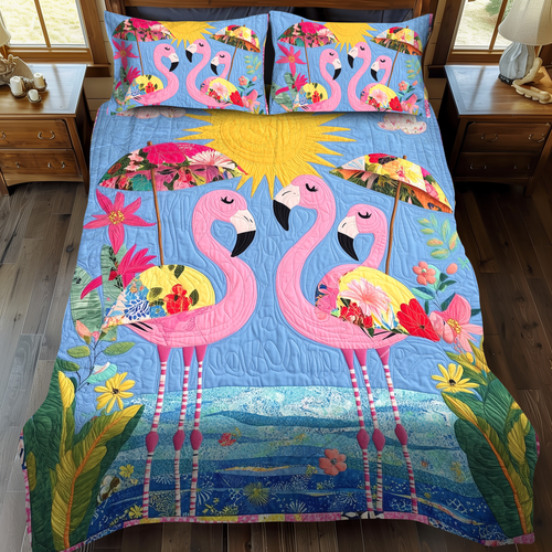Affectionate Flamingo Animal quilted 3-piece bedding set on a made bed with two matching pillow shams