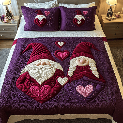 Affectionate Heartbeats quilted 3-piece bedding set on a made bed with two matching pillow shams
