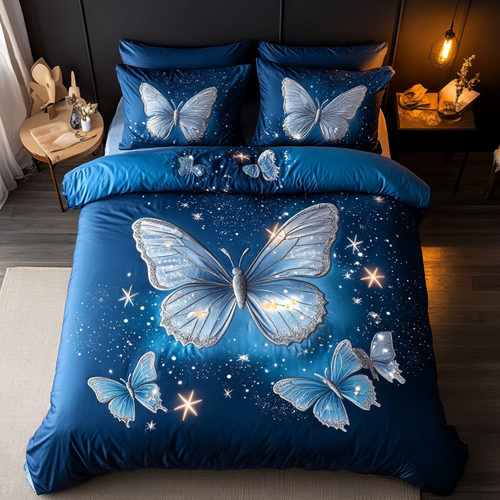 Aflutter In The Breeze quilted 3-piece bedding set on a made bed with two matching pillow shams