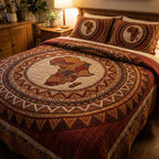 Afro Circle quilted 3-piece bedding set on a made bed with two matching pillow shams