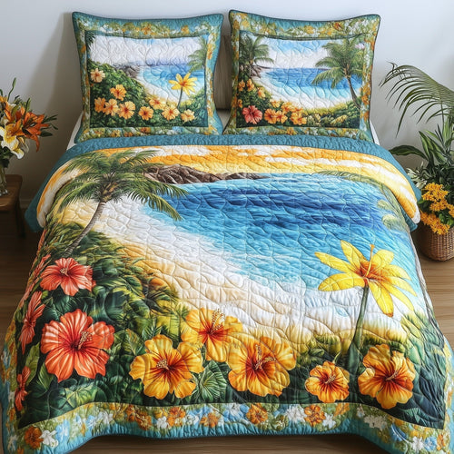 Aloha Beach quilted 3-piece bedding set on a made bed with two matching pillow shams