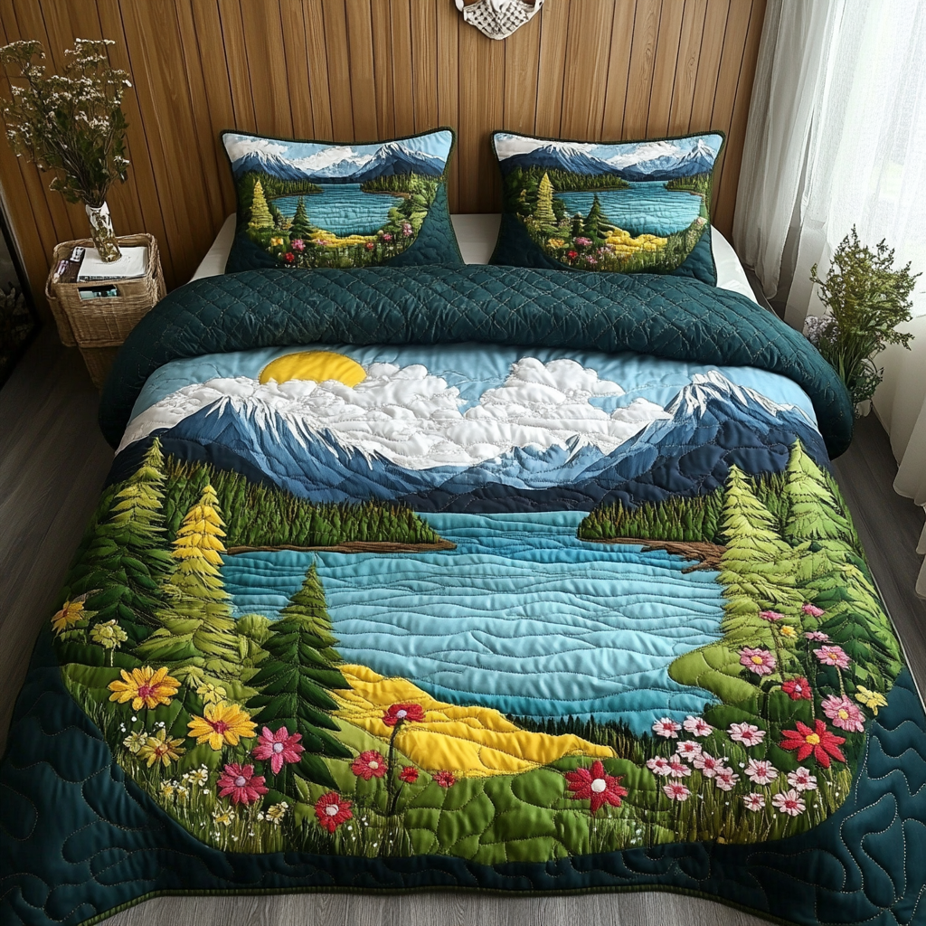 Alpine Dream quilted 3-piece bedding set on a made bed with two matching pillow shams