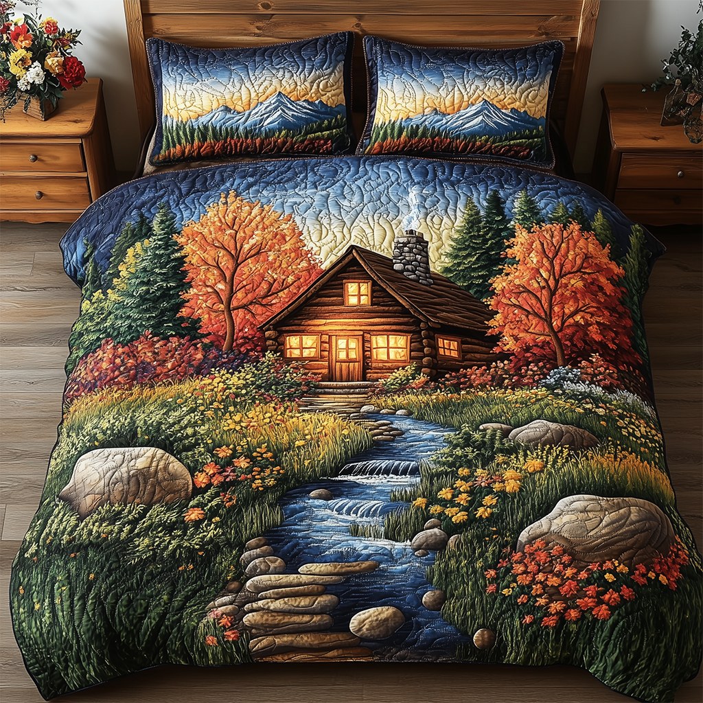 Amber Forest Refuge quilted 3-piece bedding set on a made bed with two matching pillow shams