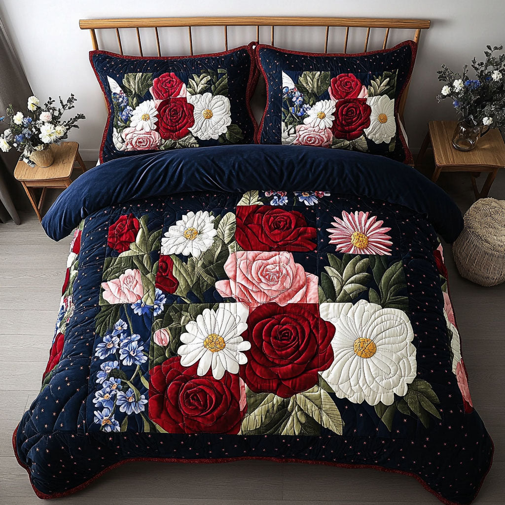 American Blossom Patch quilted 3-piece bedding set on a made bed with two matching pillow shams