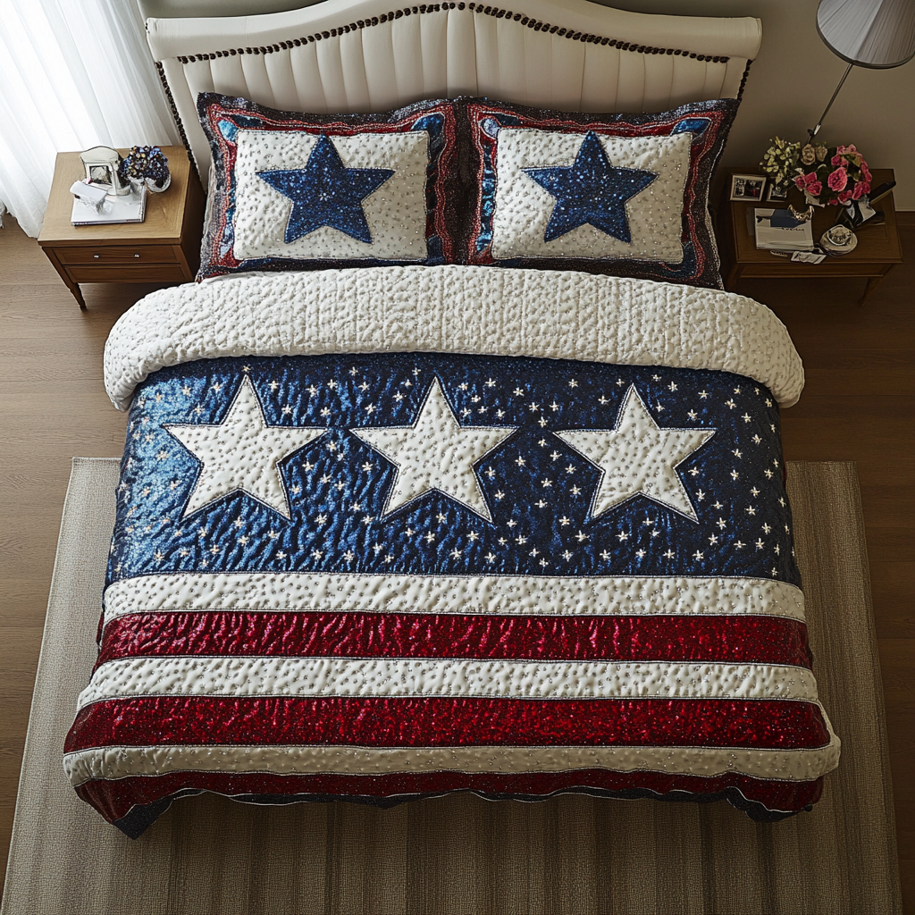 American Bold quilted 3-piece bedding set on a made bed with two matching pillow shams