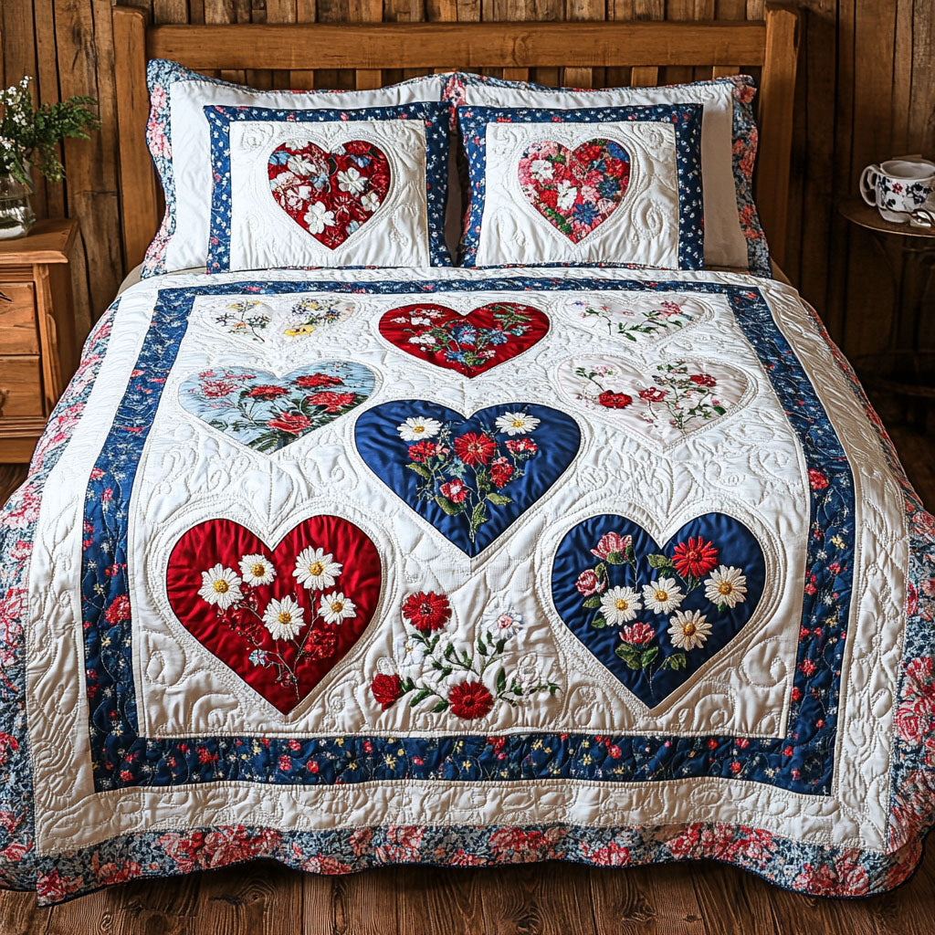 American Heartland Quilt quilted 3-piece bedding set on a made bed with two matching pillow shams