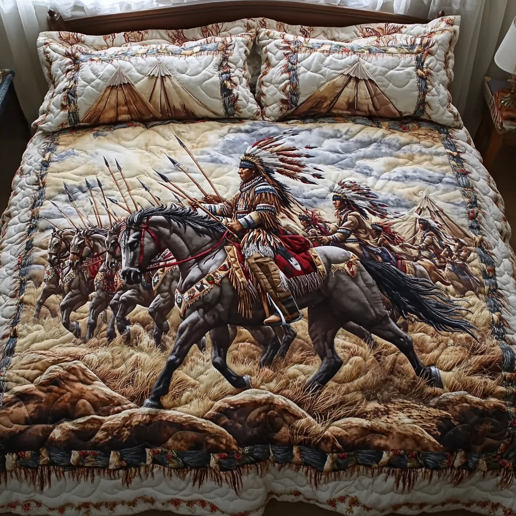 Ancient Roots Bedspread quilted 3-piece bedding set on a made bed with two matching pillow shams
