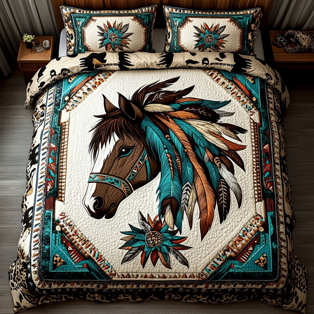 Ancient Weave Southwest quilted 3-piece bedding set on a made bed with two matching pillow shams