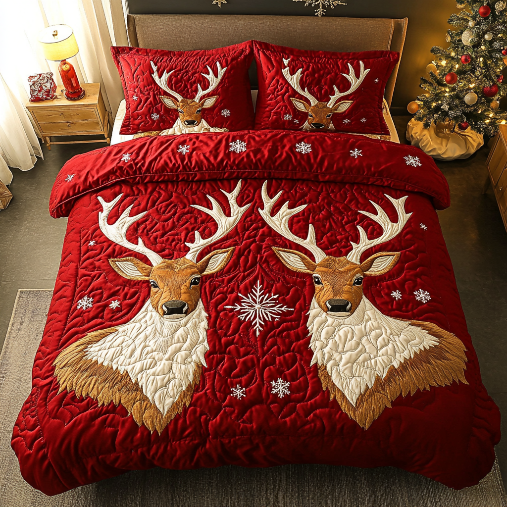 Antler Charm Animal quilted 3-piece bedding set on a made bed with two matching pillow shams