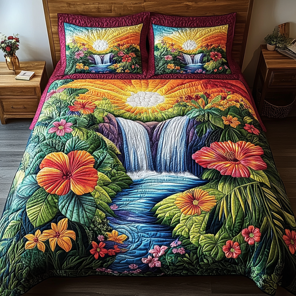 Aqua Paradise quilted 3-piece bedding set on a made bed with two matching pillow shams