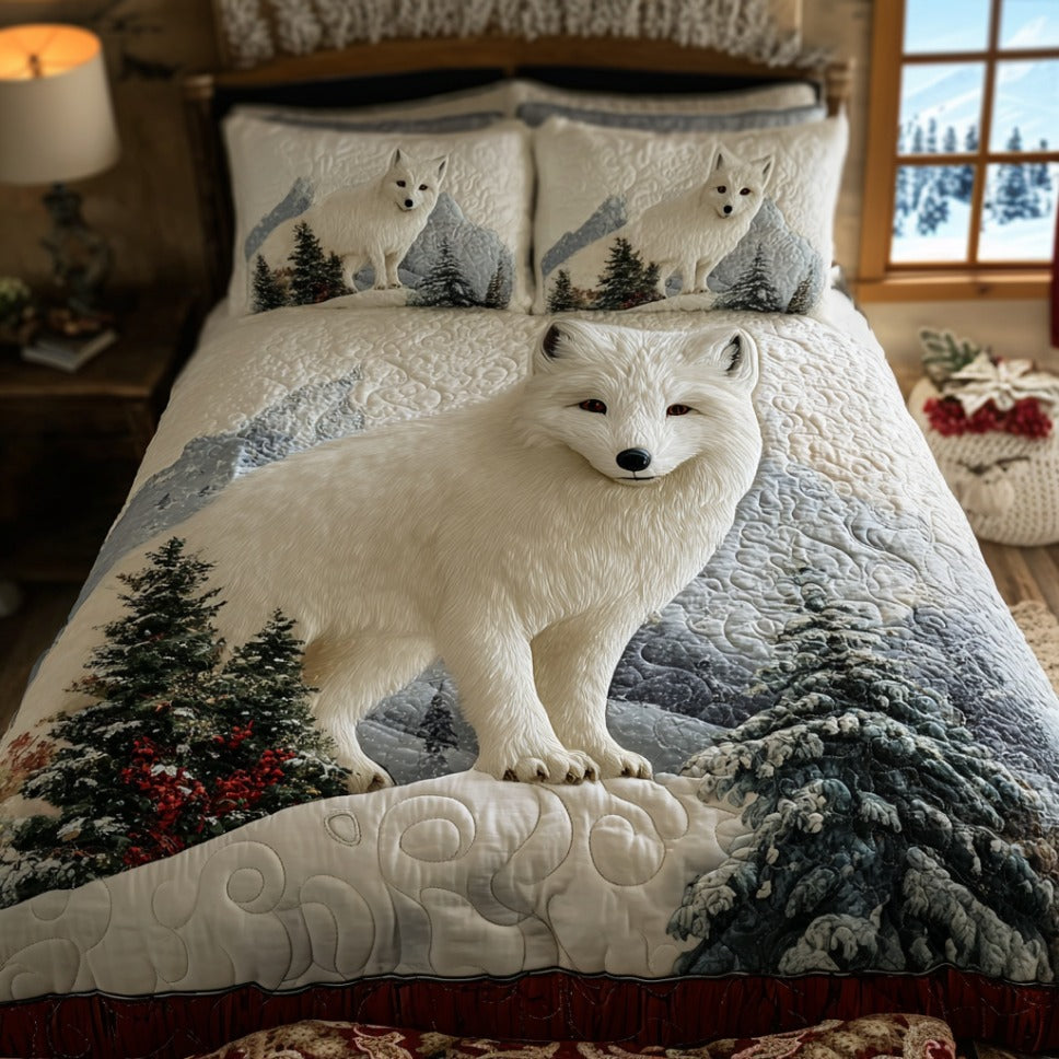 Arctic Fox Charm quilted 3-piece bedding set on a made bed with two matching pillow shams