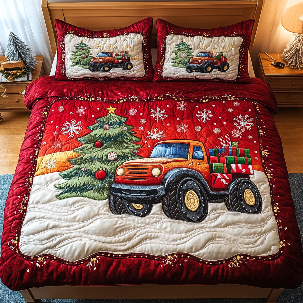 Arctic Truck Rally quilted 3-piece bedding set on a made bed with two matching pillow shams
