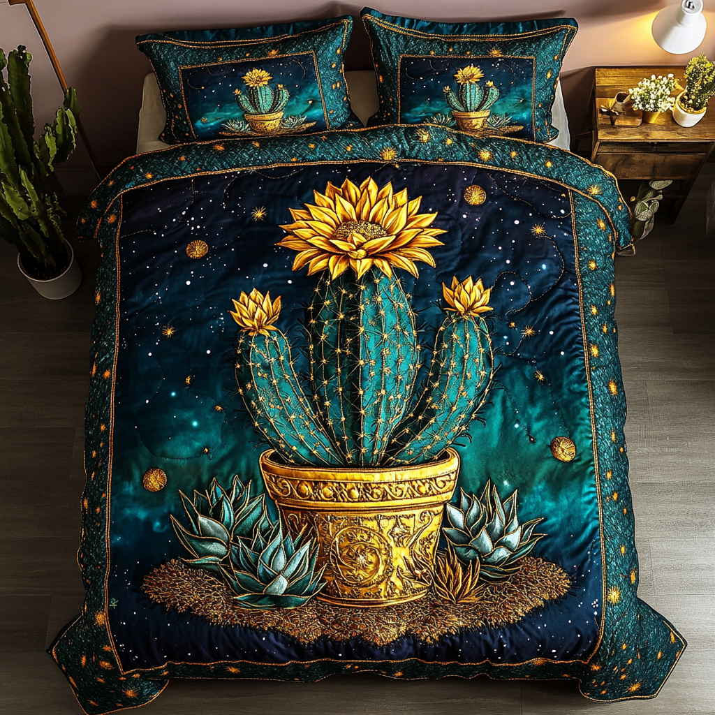 Arid Beauty Bedspread quilted 3-piece bedding set on a made bed with two matching pillow shams