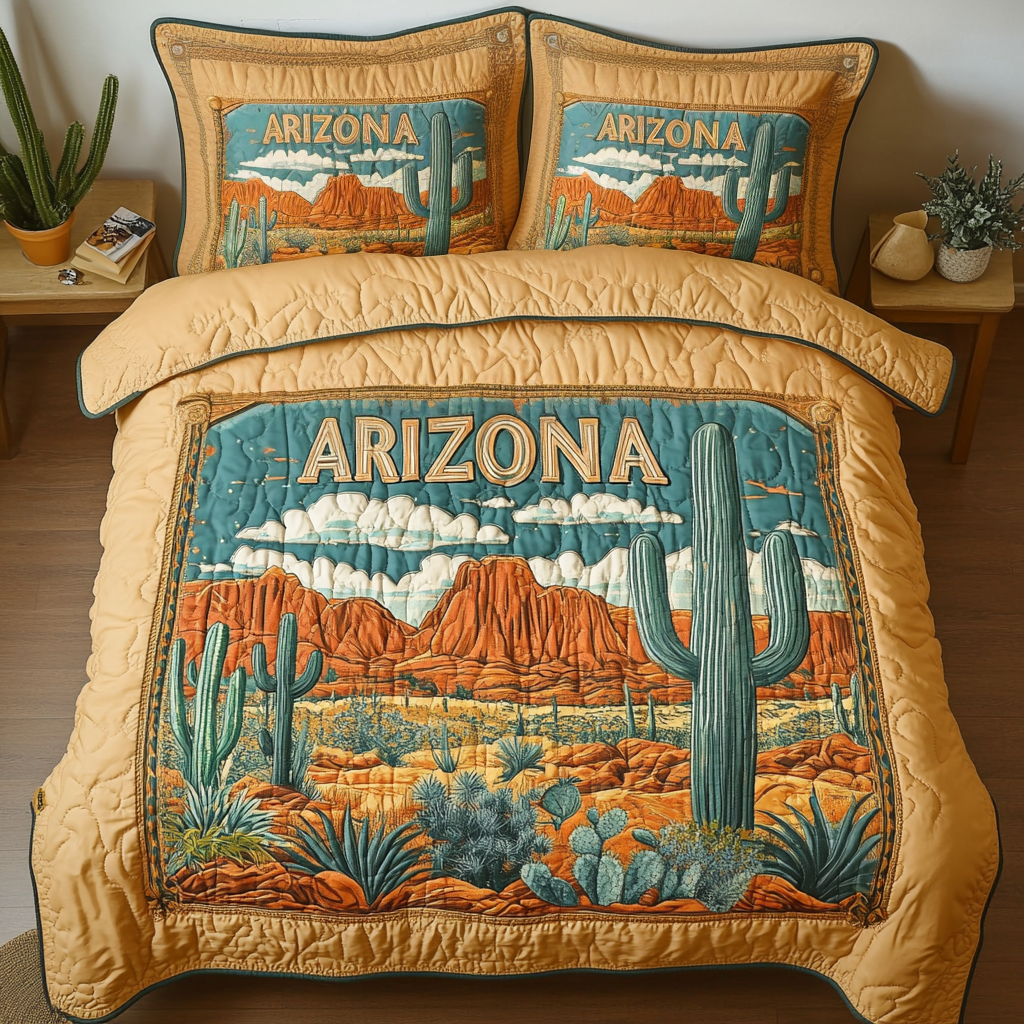 Arizona Glow Bedspread quilted 3-piece bedding set on a made bed with two matching pillow shams