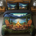 Aurora Campfire Night quilted 3-piece bedding set on a made bed with two matching pillow shams