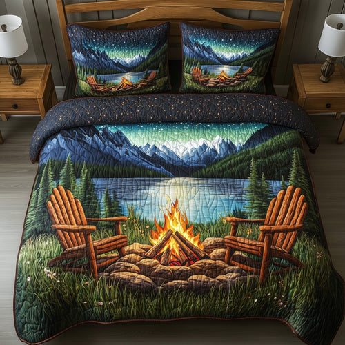 Aurora Campfire Night quilted 3-piece bedding set on a made bed with two matching pillow shams
