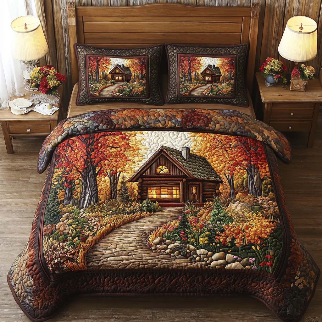 Autumn Bliss Fall quilted 3-piece bedding set on a made bed with two matching pillow shams
