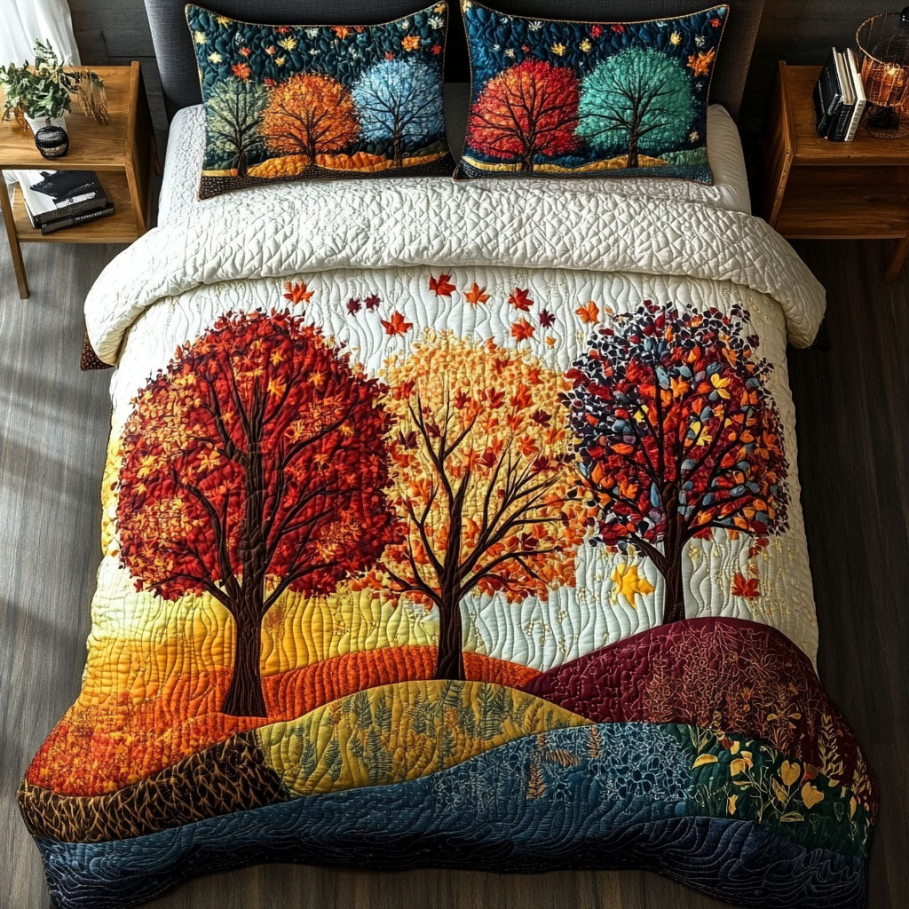 Autumn Canopy Aster quilted 3-piece bedding set on a made bed with two matching pillow shams