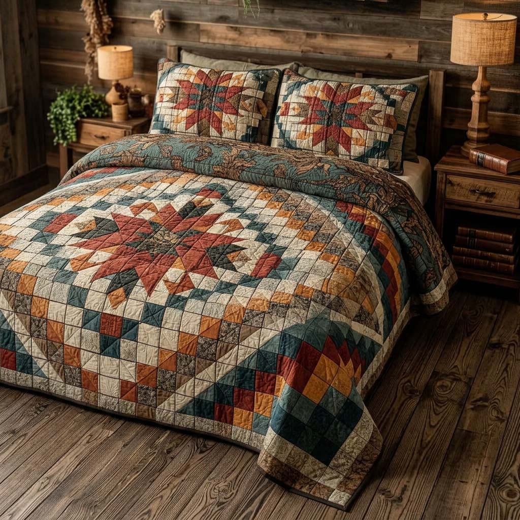 Autumn Canyon Patchwork quilted 3-piece bedding set on a made bed with two matching pillow shams